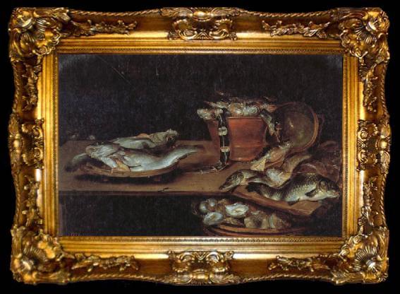 framed  Alexander Adriaenssen Still Life with Fish,Oysters,and a Cat, ta009-2